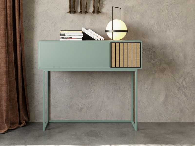 Lacquered console with slatted oak detail and lacquered steel base - FORLÍ
