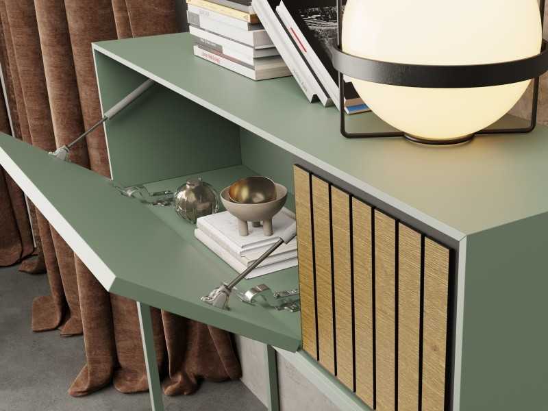 Lacquered console with slatted oak detail and lacquered steel base - FORLÍ