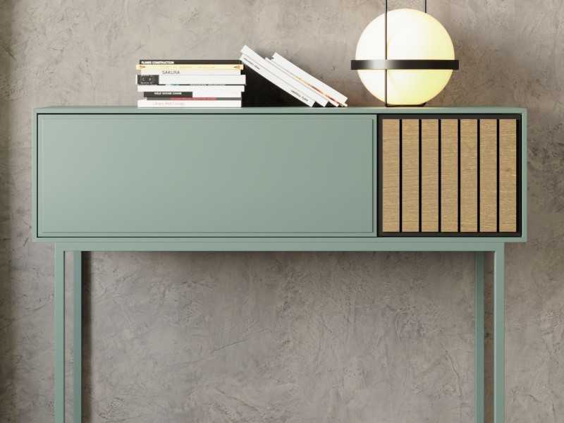 Lacquered console with slatted oak detail and lacquered steel base - FORLÍ