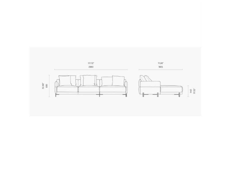 Designer sofa with chaise longue and stainless steel legs - UGO