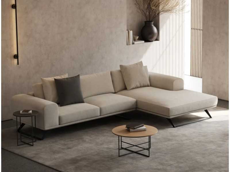 Designer sofa with chaise longue and stainless steel base - SEVERINA