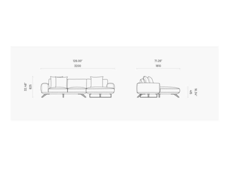 Designer sofa with chaise longue and stainless steel base - SEVERINA