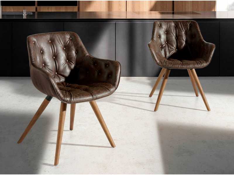 Tufted upholstered chair with buttons and solid wood legs - INGRID