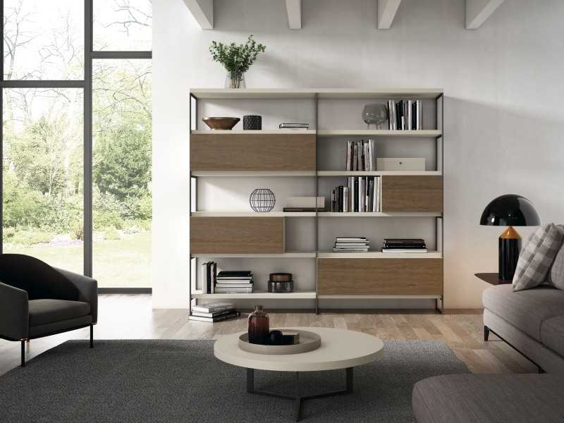 Estantería librería lacada con frentes en roble - CLAUDE