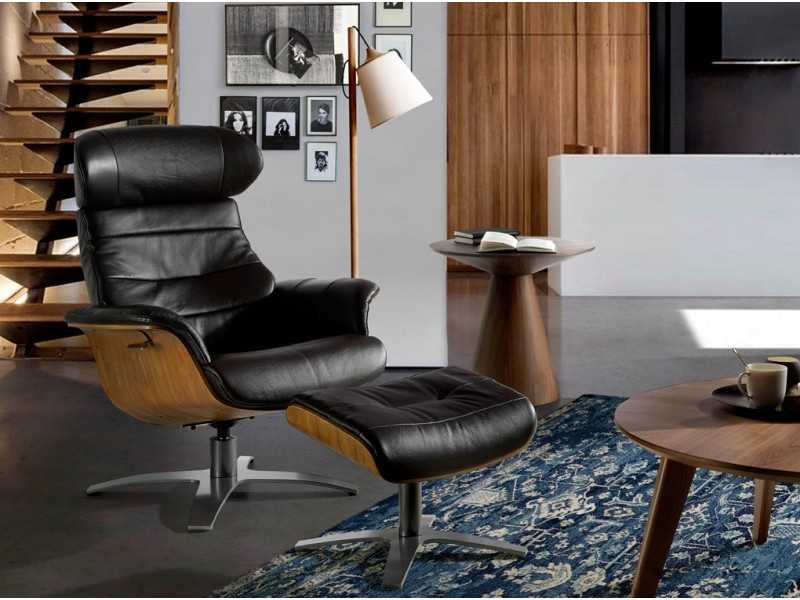 Swivel armchair with relaxation mechanism upholstered in genuine leather - BELIER