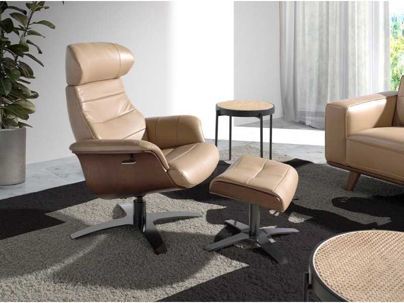 Swivel ottoman upholstered in leather and solid steel base - MATTEO