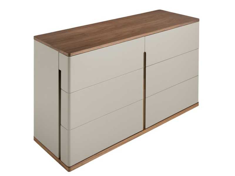 Commode design laquée avec plateau et piètement en noyer - DRUSILLA