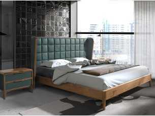 Complete designer bed with walnut structure and synthetic leather upholstery - NERA
