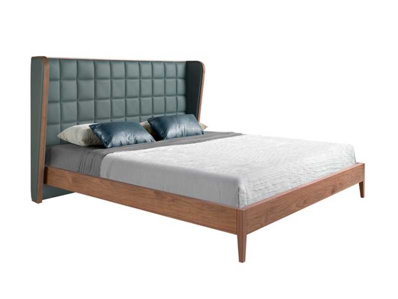 Cama completa de diseño con estructura en nogal y tapizado en piel sintética - NERA
