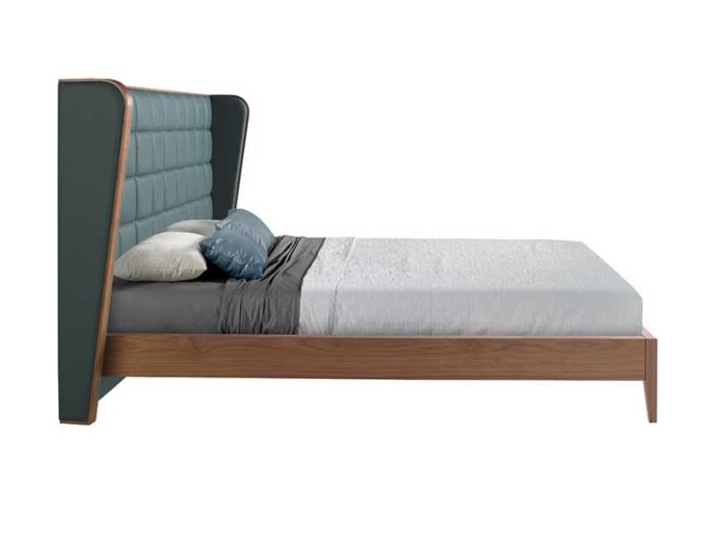 Cama completa de diseño con estructura en nogal y tapizado en piel sintética - NERA