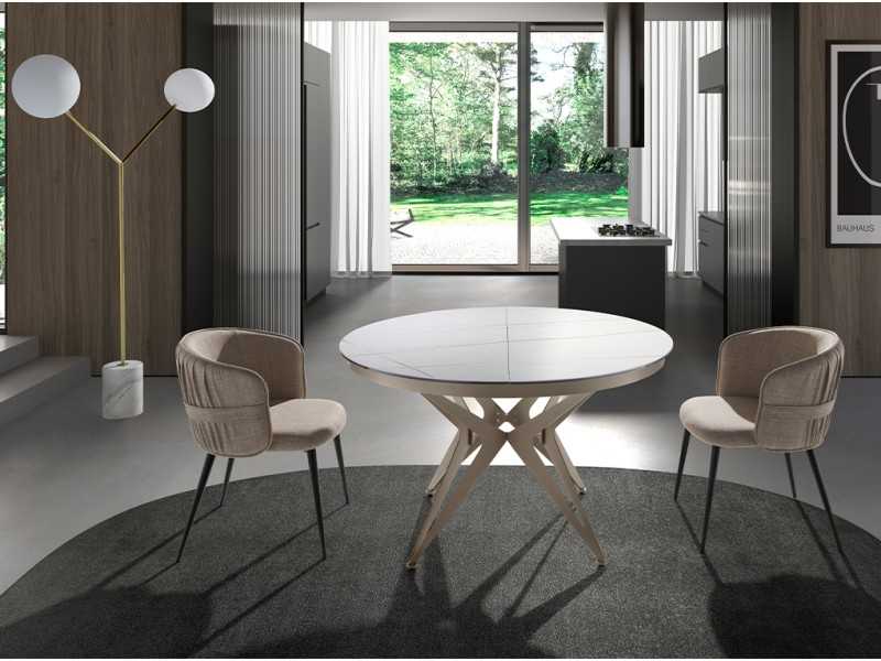 Round extendable table with ceramic top and lacquered steel base - ADELYN