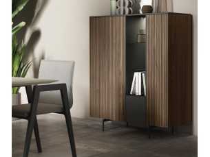 Tall lacquered sideboard with light and slatted wood door fronts - ROMA