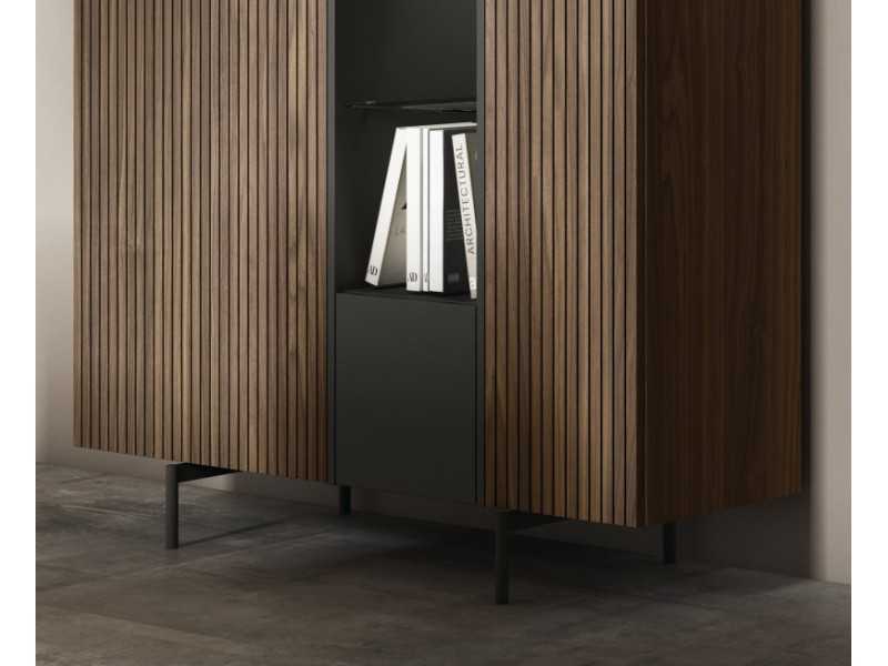 Tall lacquered sideboard with light and slatted wood door fronts - ROMA