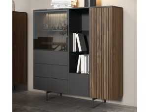 Buffet/vitrine laqué avec tiroirs, éclairage LED et façade de porte en lattes de bois - ANTICA