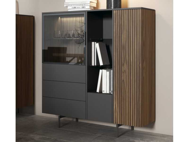 Lacquered sideboard/display case with drawers, LED light and door front in slatted wood - ANTICA