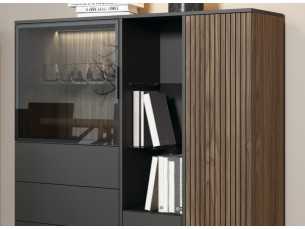 Buffet/vitrine laqué avec tiroirs, éclairage LED et façade de porte en lattes de bois - ANTICA 2