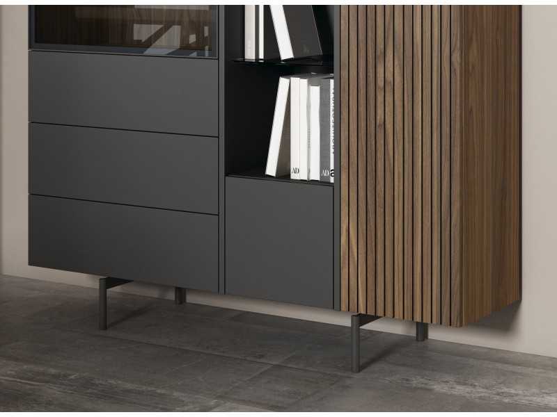 Buffet/vitrine laqué avec tiroirs, éclairage LED et façade de porte en lattes de bois - ANTICA