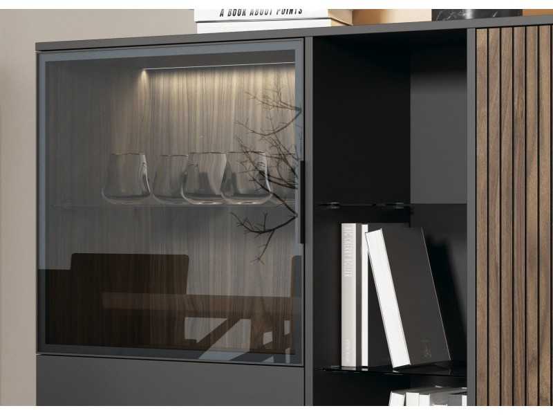 Buffet/vitrine laqué avec tiroirs, éclairage LED et façade de porte en lattes de bois - ANTICA