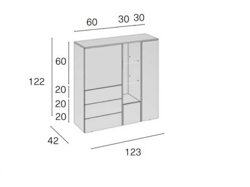 Buffet/vitrine laqué avec tiroirs, éclairage LED et façade de porte en lattes de bois - ANTICA