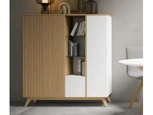 Tall oak and lacquered sideboard with doors, shelves and drawer - TRIESTE