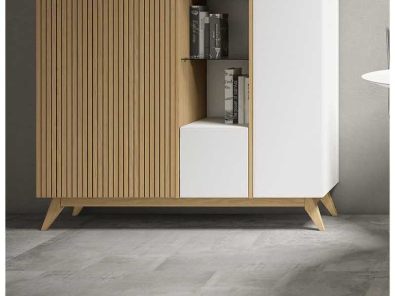 Tall oak and lacquered sideboard with doors, shelves and drawer - TRIESTE