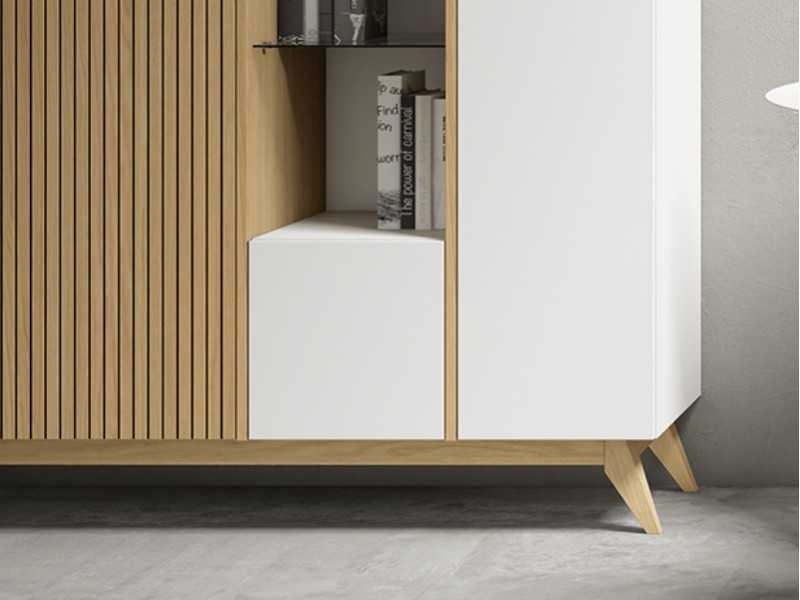 Tall oak and lacquered sideboard with doors, shelves and drawer - TRIESTE