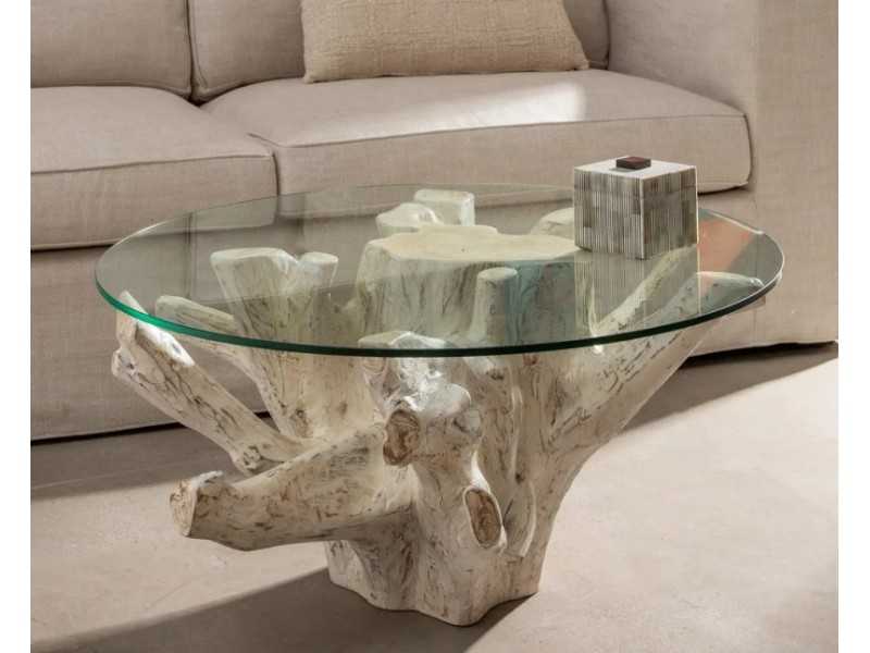 Round coffee table with natural solid wood base - ALESSANDRO