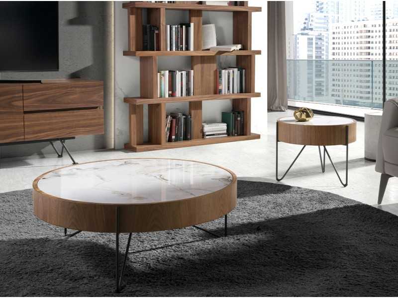Round walnut coffee table with porcelain marble top - AYERIM