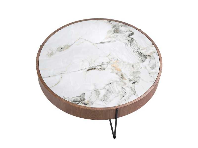 Table basse ronde en noyer avec plateau en marbre porcelaine - AYERIM