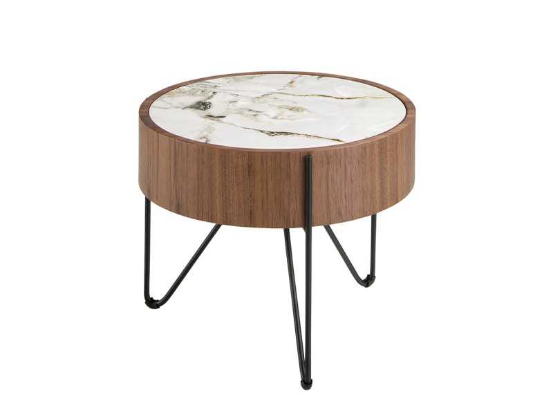 Mesa de rincón redonda en nogal con tapa de mármol porcelánico - AYERIM