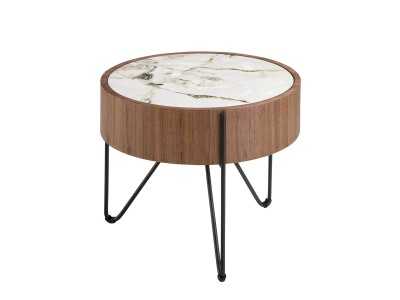 Mesa de rincón redonda en nogal con tapa de mármol porcelánico - AYERIM Mesa de rincón redonda en nogal con tapa de mármol porcelánico - AYERIM