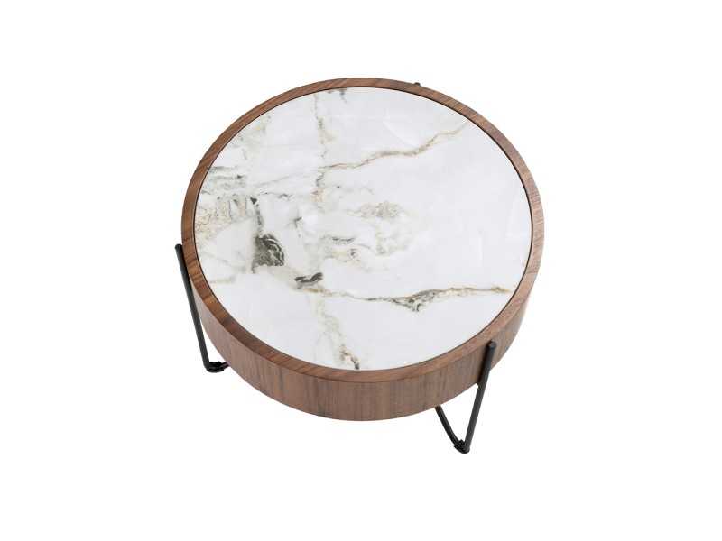 Round corner table in walnut with porcelain marble top - AYERIM