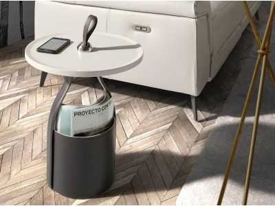 Table d'angle ronde avec piètement porte-revues en simili cuir - LORRAINE