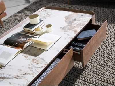 Table basse en noyer avec plateau en marbre porcelaine - SYMI