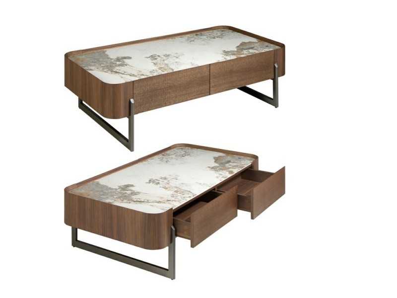 Table basse en noyer avec plateau en marbre porcelaine - SYMI