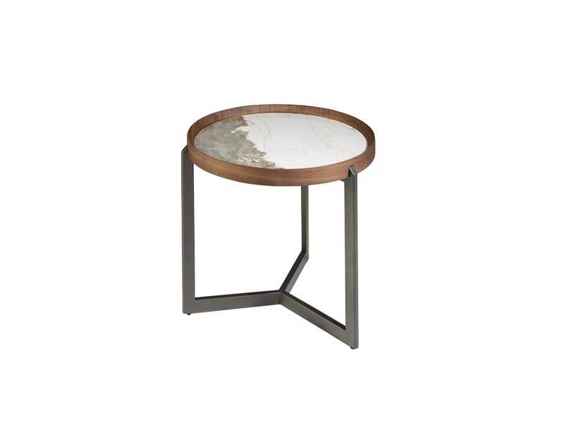 Round corner table in walnut and steel with porcelain marble top - SYMI