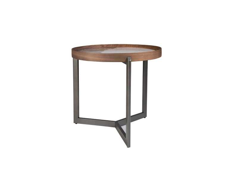 Table d'angle ronde en noyer et acier avec plateau en marbre porcelaine - SYMI