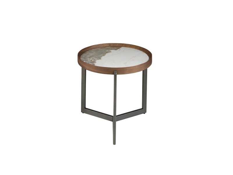 Mesa de rincón redonda en nogal y acero con tapa mármol porcelánico - SYMI