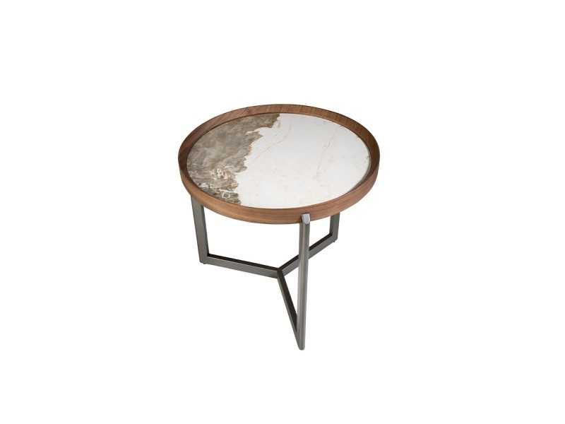 Mesa de rincón redonda en nogal y acero con tapa mármol porcelánico - SYMI