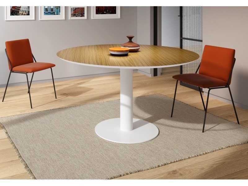 Table ronde fixe avec plateau en bois ou verre effet marbre - ROUND