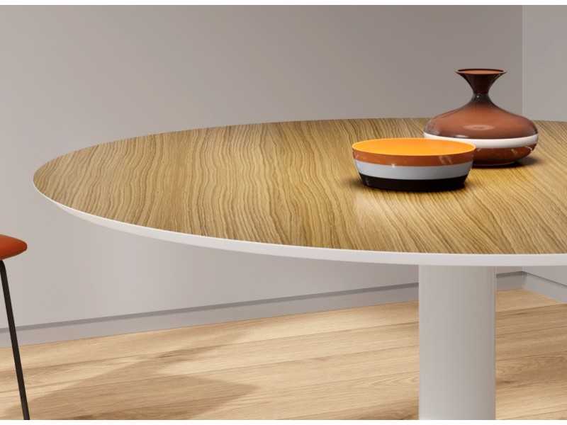 Table ronde fixe avec plateau en bois ou verre effet marbre - ROUND