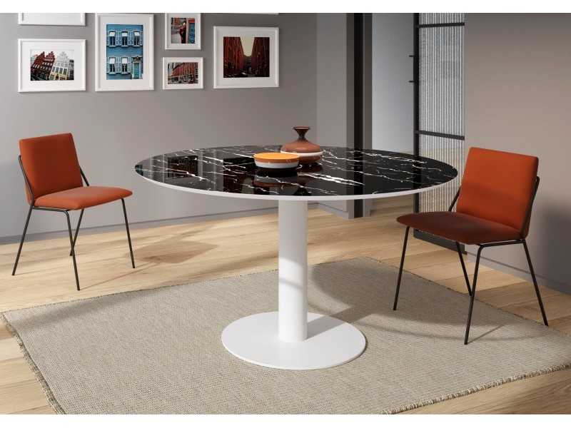 Table ronde fixe avec plateau en bois ou verre effet marbre - ROUND