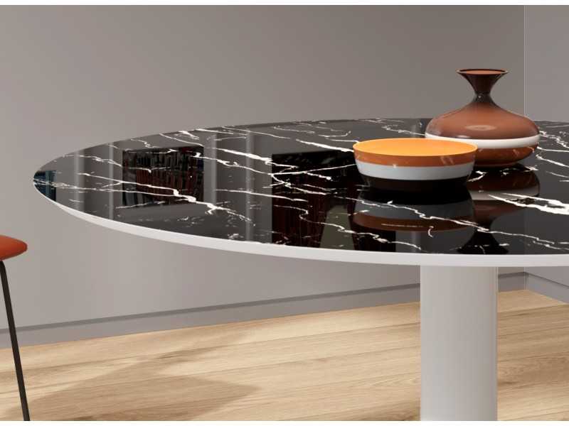 Table ronde fixe avec plateau en bois ou verre effet marbre - ROUND