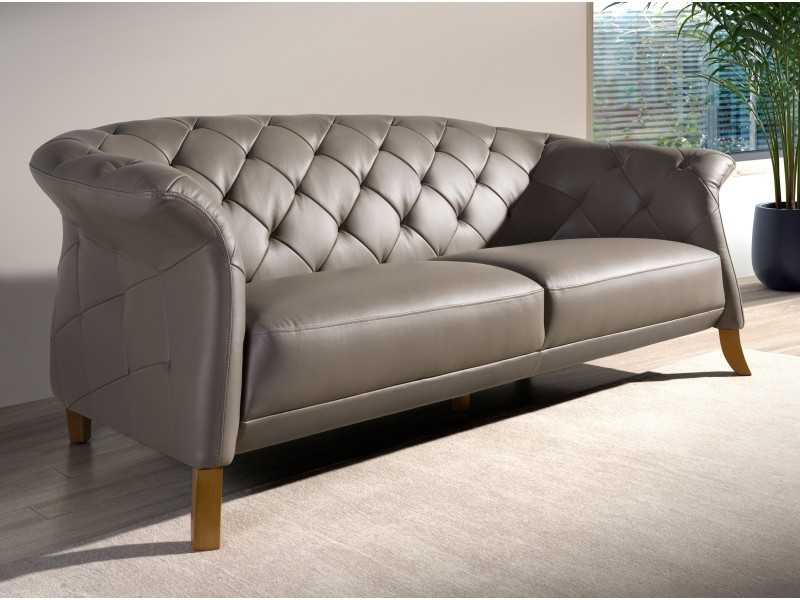Sofá de 2 plazas tipo chester tapizado en piel genuina - ALBERTINE
