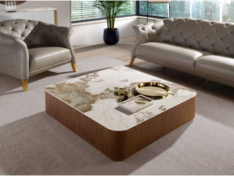 Table basse carrée coloris noyer avec plateau en marbre porcelaine - ALBERTINE