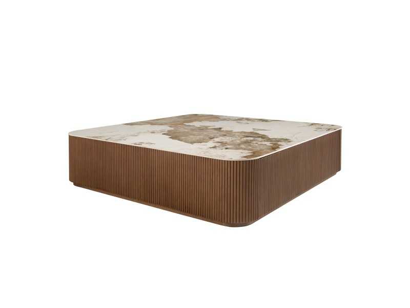 Table basse carrée coloris noyer avec plateau en marbre porcelaine - ALBERTINE