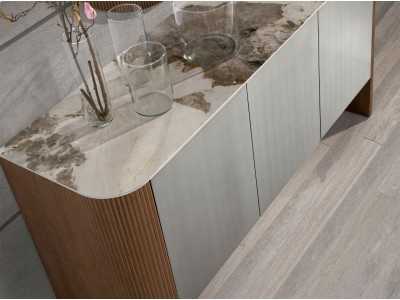 Buffet en bois de noyer, laqué et plateau en marbre porcelaine - ALBERTINE Buffet en bois de noyer, laqué et plateau en marbre porcelaine - ALBERTINE