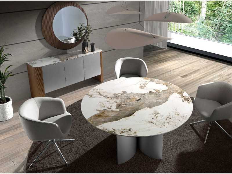 Mesa de comedor redonda en madera nogal, lacada y tapa mármol porcelánico - ALBERTINE