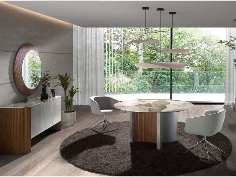 Round dining table, wood, lacquered wood and porcelain marble top - ALBERTINE - ALBERTINE