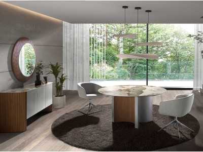 Round dining table, wood, lacquered wood and porcelain marble top - ALBERTINE - ALBERTINE
